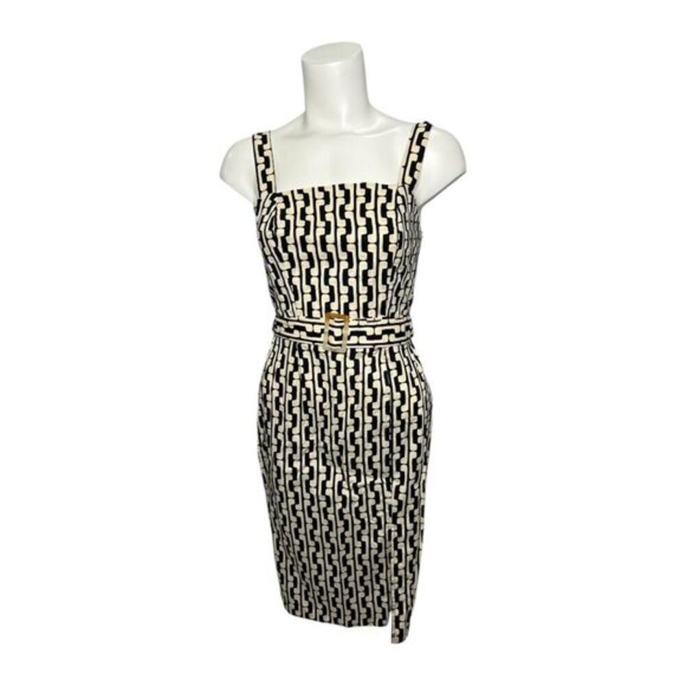 Monteau‎ Cream Black Geometric Smocked Sleeveless Sheath Retro Dress Medium NEW